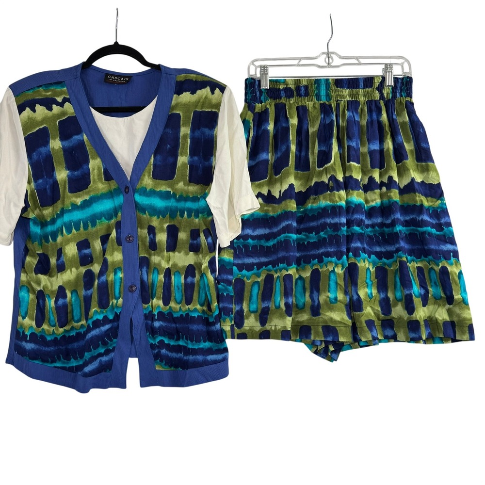 Cascais of California Vintage Rayon Tie Dye Shorts Set Blue Green Large